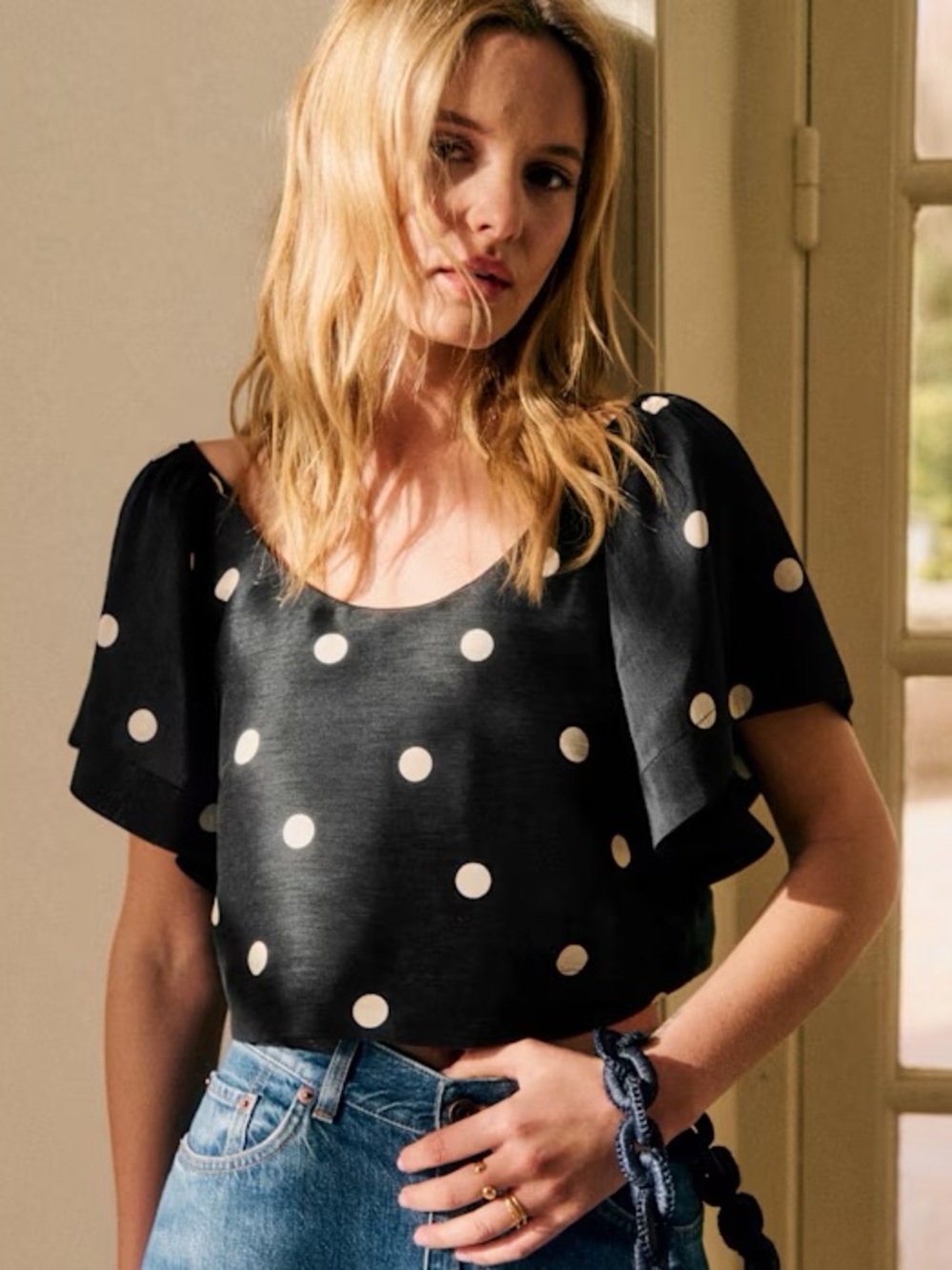 NWT Sezane Curly Blouse Crop Top Polka Dots Black Size 36 / US 4 Linen Silk